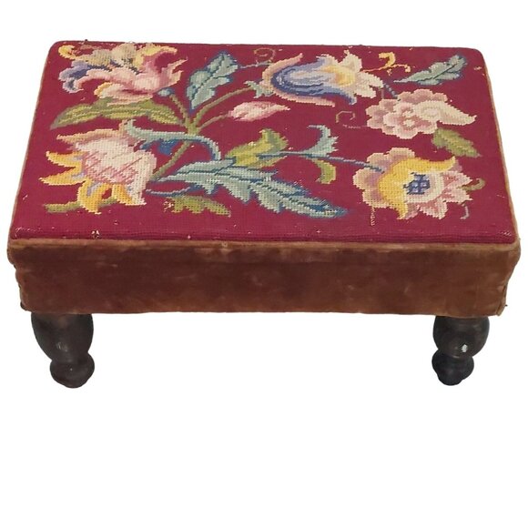 Vintage Floral Needlepoint Footstool with Velvet Sides & Solid Wood Legs 18"x12" - Picture 5 of 7